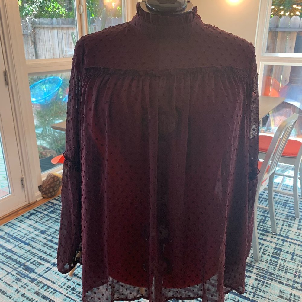 Lane Bryant, Size 18, Eggplant Purple high neck Swiss dot blouse